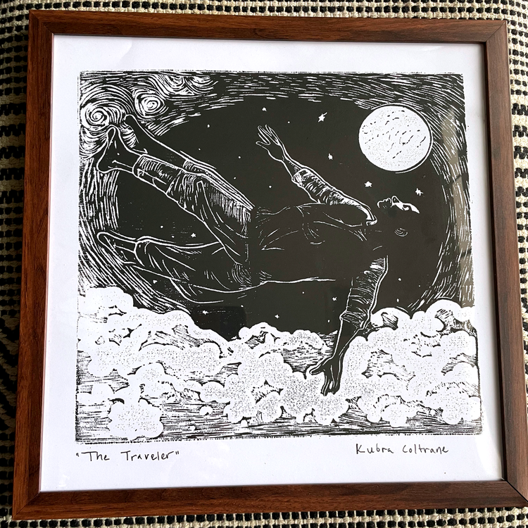 a framed linocut print of a Black non-binary being floating above the clouds split into multiple version of their body.